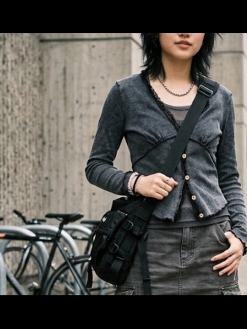 Charcoal Gray Layered Button Cardigan (Sz L) Acubi Streetwear Noir Feminine